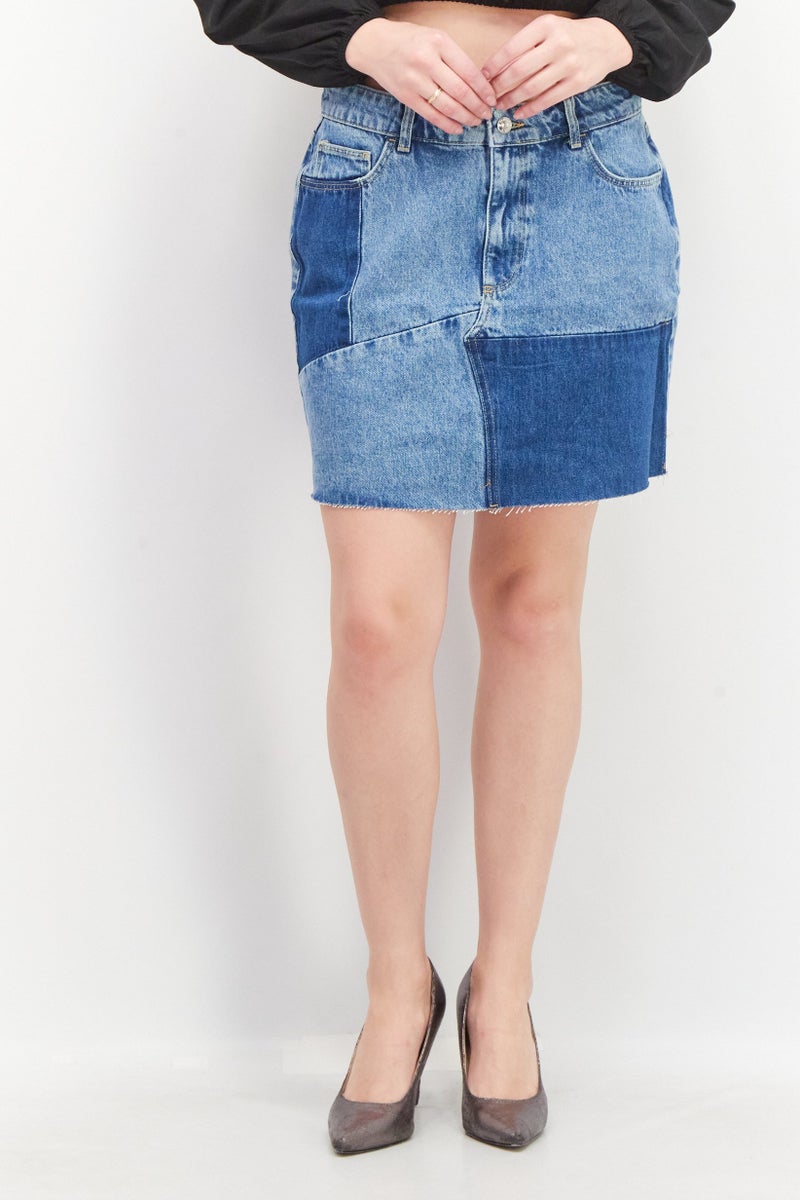 Women Washed Denim Mini Skirt, Blue