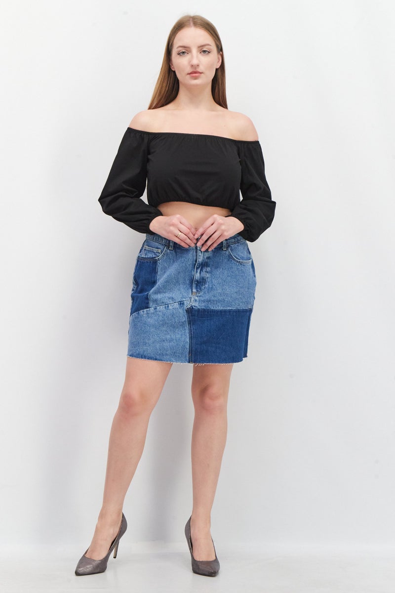 Women Washed Denim Mini Skirt, Blue