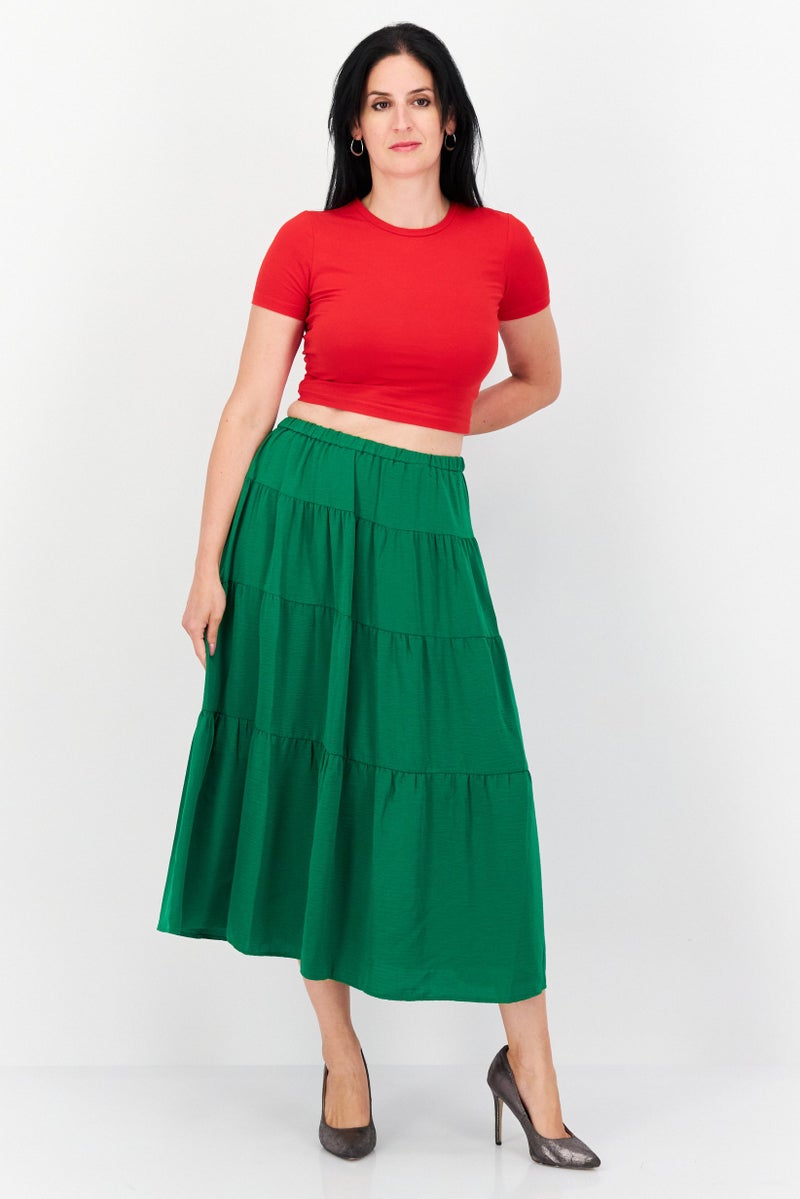 Women Plain Basic Midi Skirt, Green