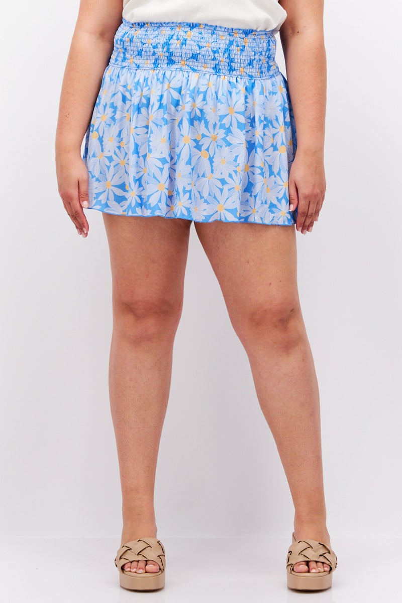 Women Floral Print Mini Skirt, Blue