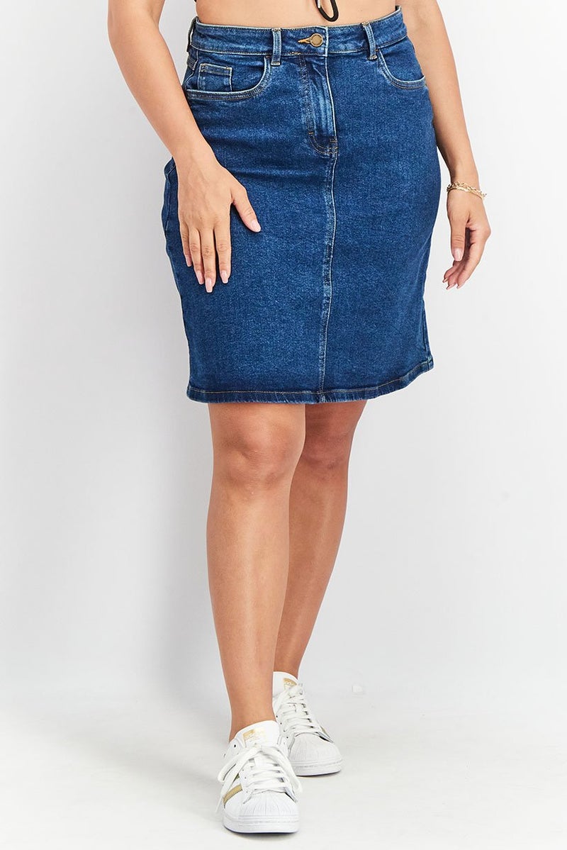 Women Plain Midi Denim Skirt, Blue