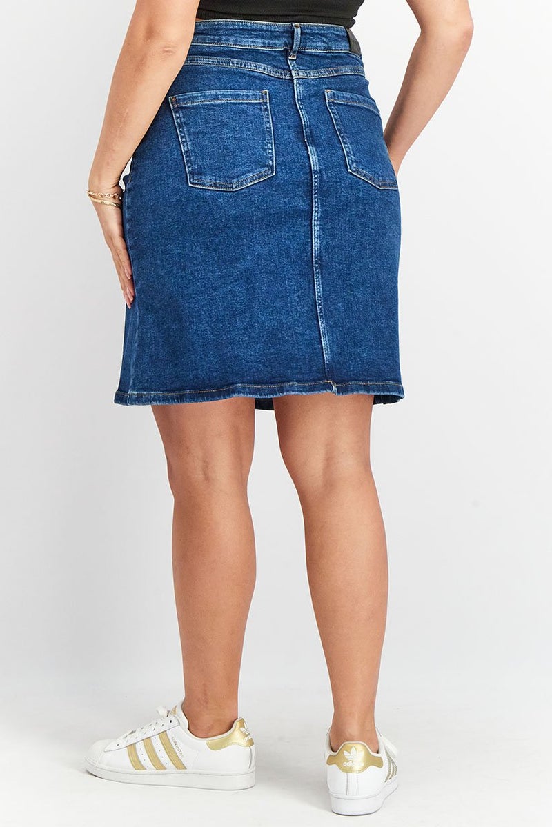 Women Plain Midi Denim Skirt, Blue