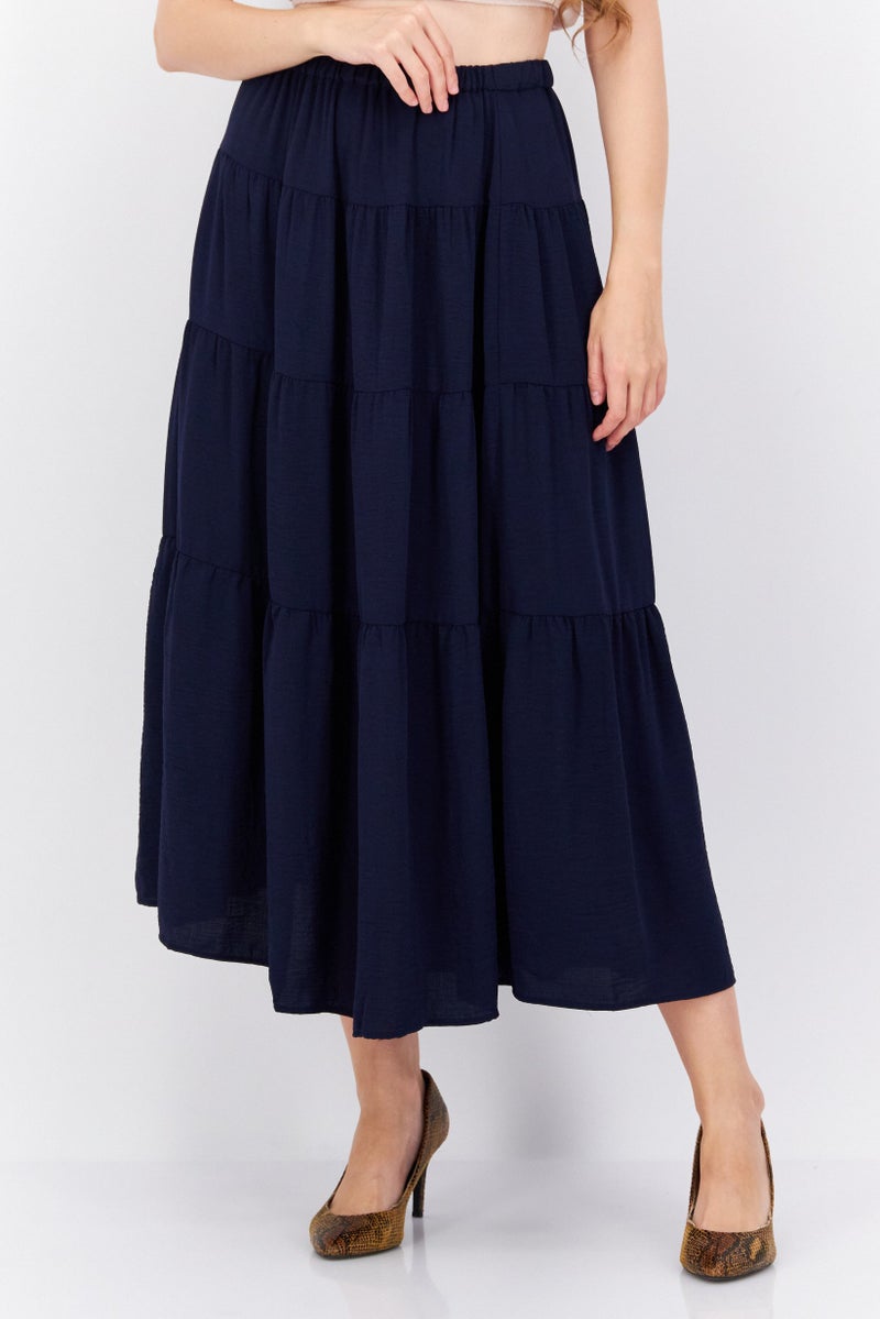 Women Solid Pull On Tiered Skirts, Navy