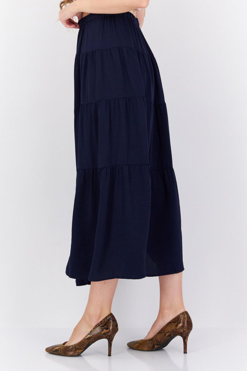 Women Solid Pull On Tiered Skirts, Navy