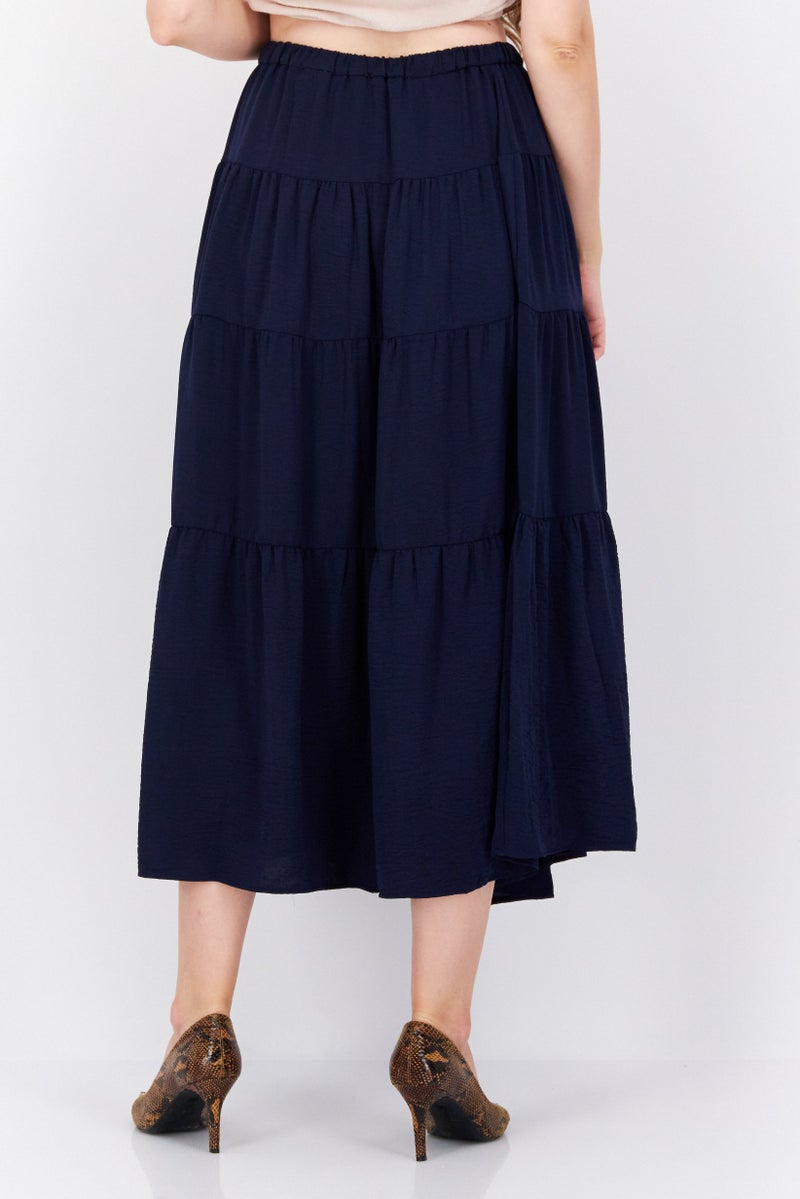 Women Solid Pull On Tiered Skirts, Navy