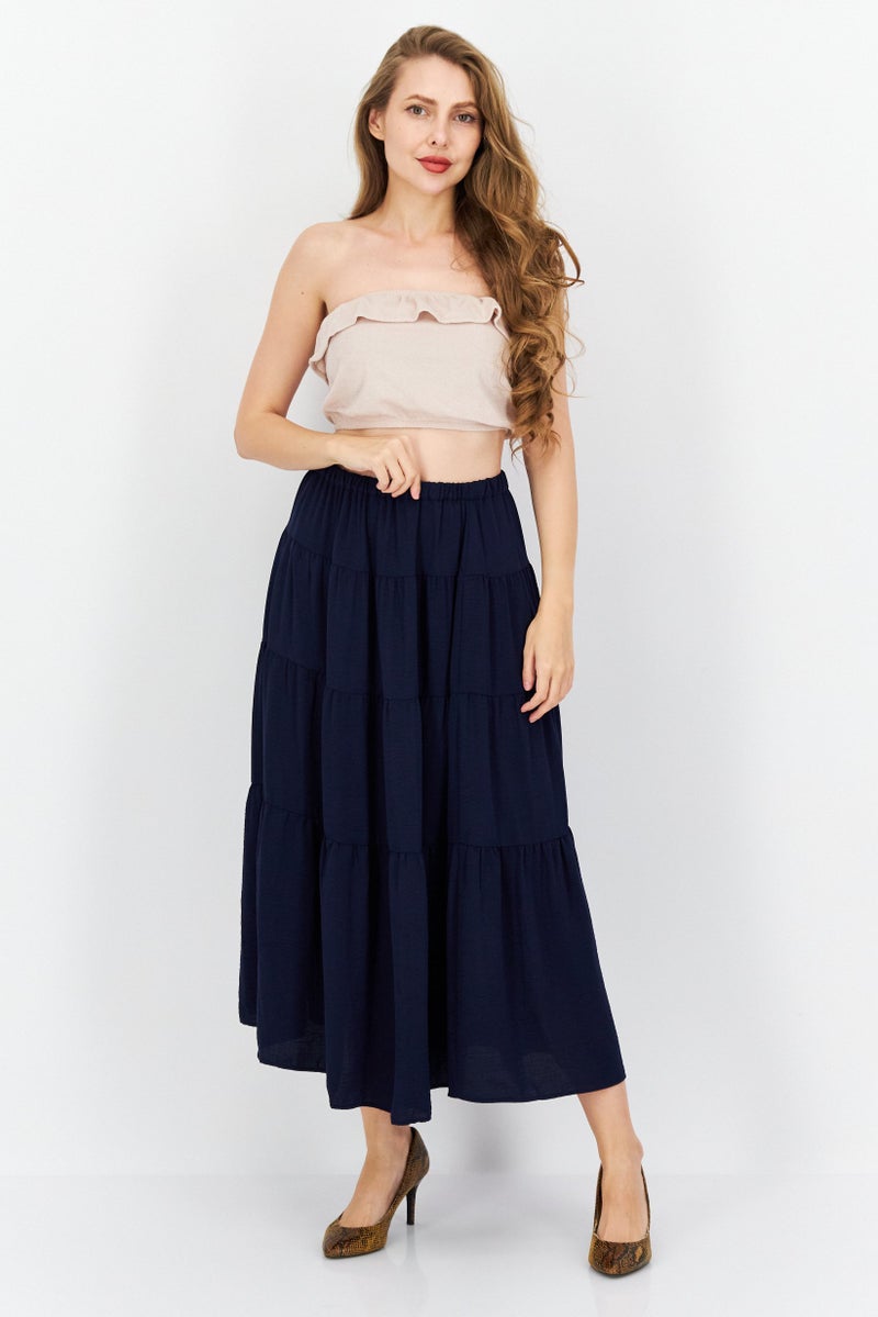 Women Solid Pull On Tiered Skirts, Navy