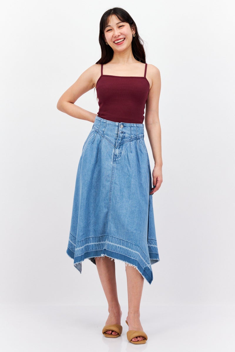 Women Washed Denim Midi Skirt, Blue