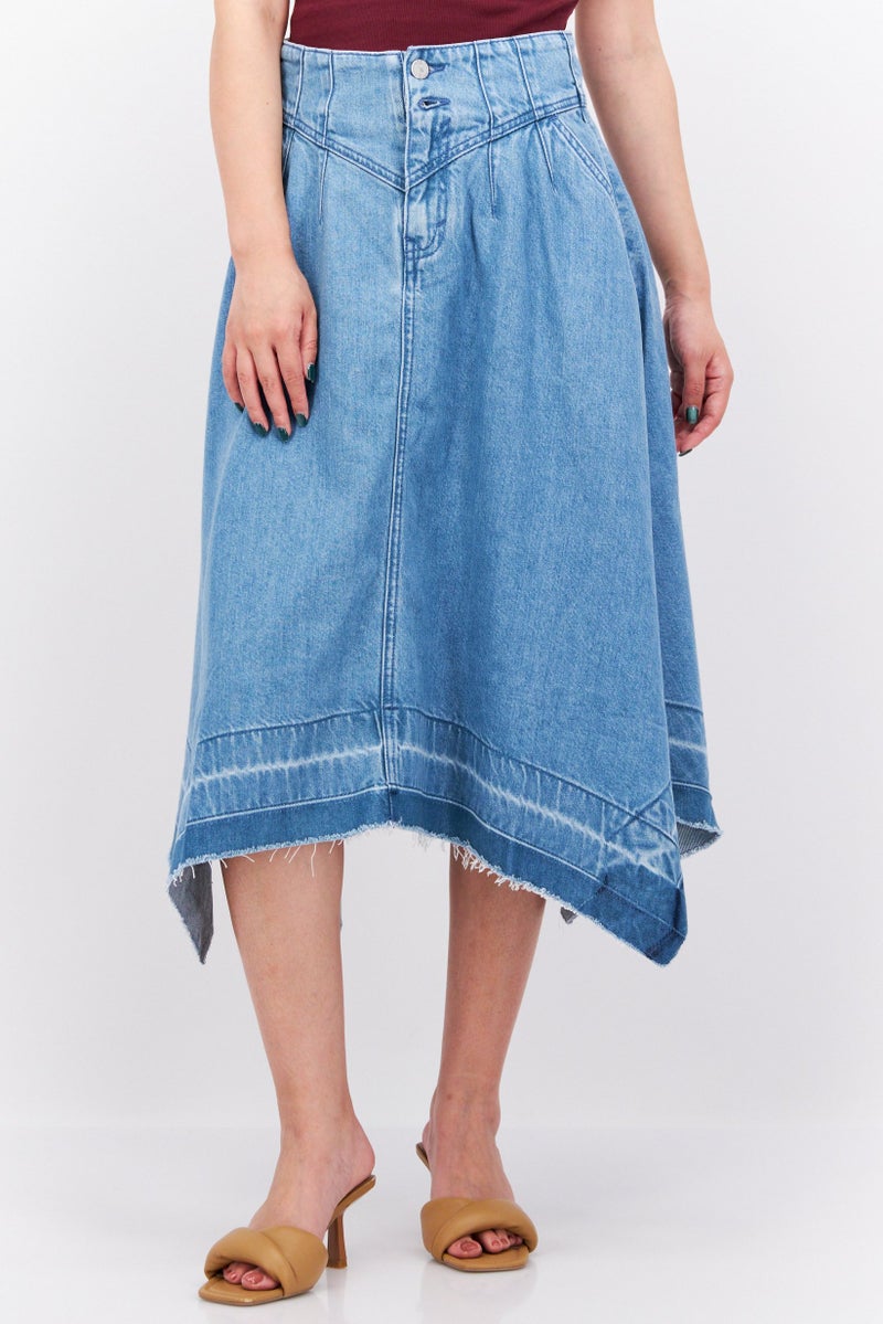 Women Washed Denim Midi Skirt, Blue