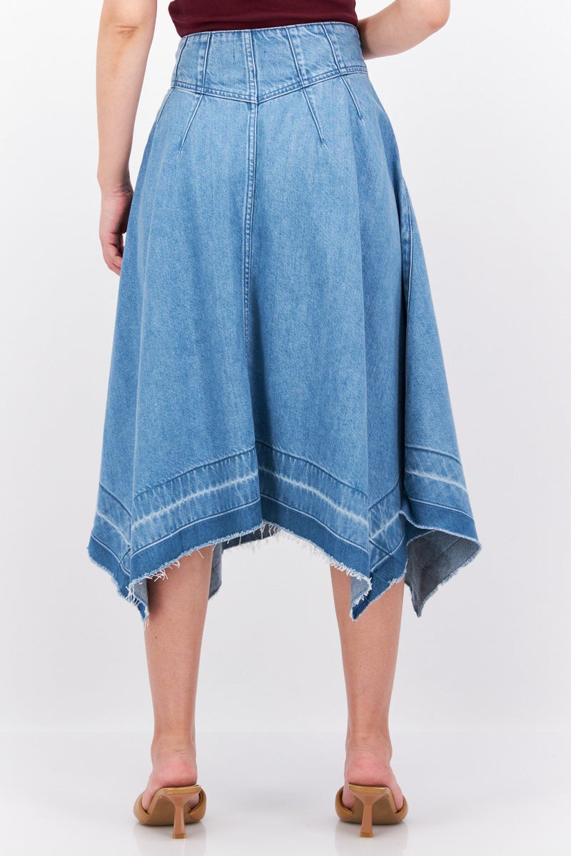 Women Washed Denim Midi Skirt, Blue