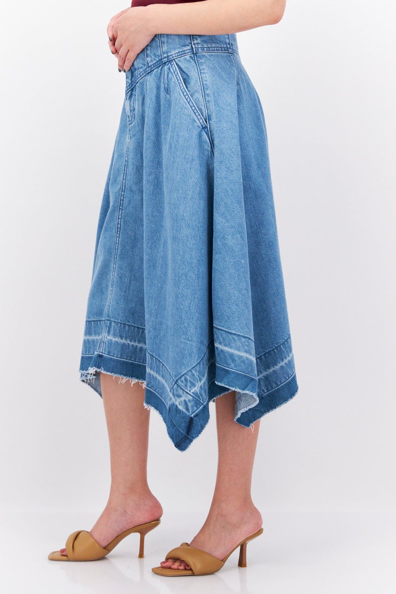 Women Washed Denim Midi Skirt, Blue