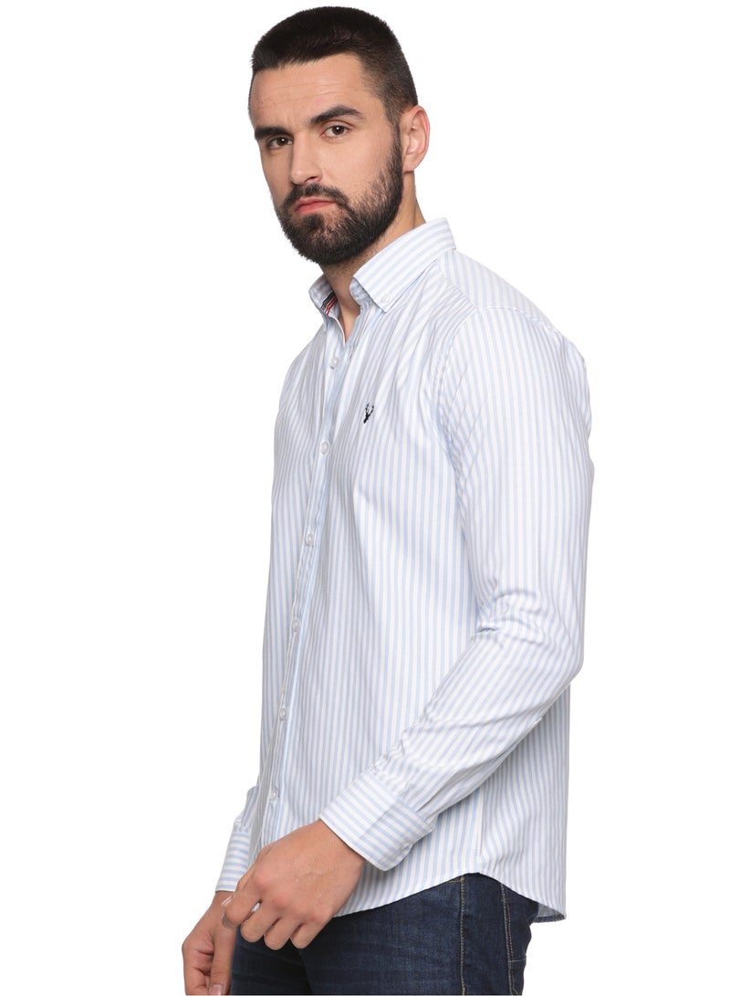 U.S. ELK Men's Button Down Shirt | Casual Slim Fit, Long Sleeve Oxford Shirts For Men | Smart Fit Cuff - White Blue