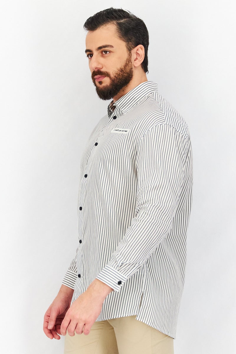 Men Oversized Fit Stripe Long Sleeves Casual Shirt, White Combo