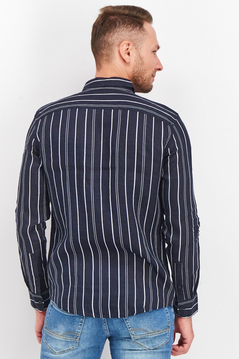 Men Regular Fit Stripe Long Sleeves Casual Shirt, Navy/White