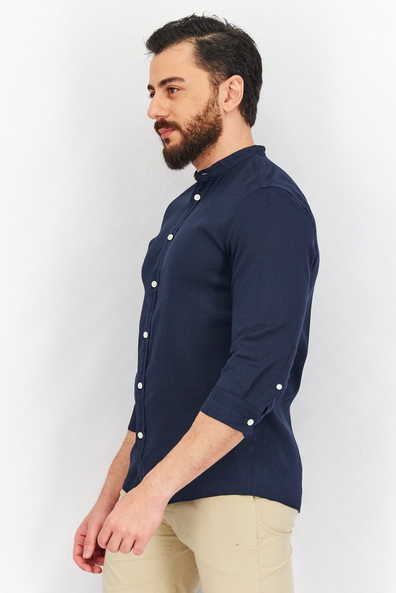 Men Slim Fit Solid 3/4 Sleeves Casual Shirt, Navy