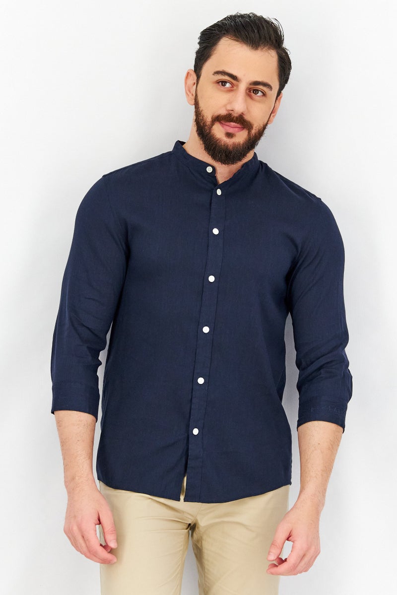 Men Slim Fit Solid 3/4 Sleeves Casual Shirt, Navy