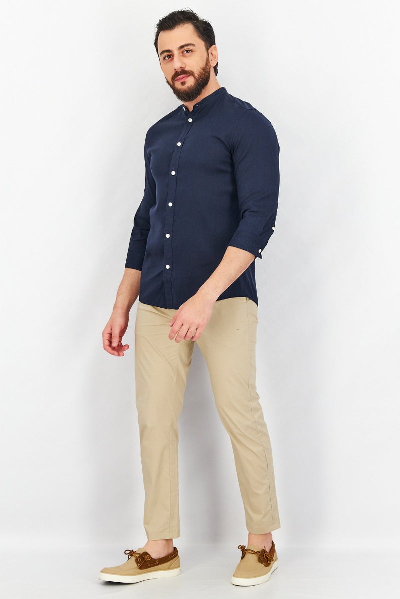 Men Slim Fit Solid 3/4 Sleeves Casual Shirt, Navy