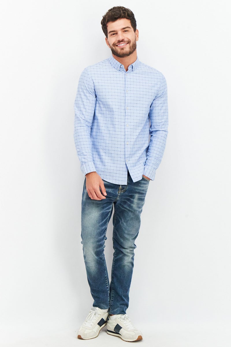 Men Regular Fit Checkered Long Sleeve Casual Shirt, Sky Blue