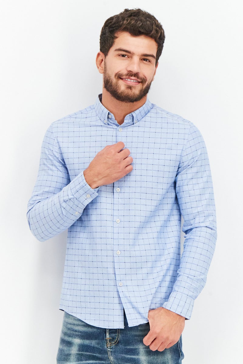 Men Regular Fit Checkered Long Sleeve Casual Shirt, Sky Blue