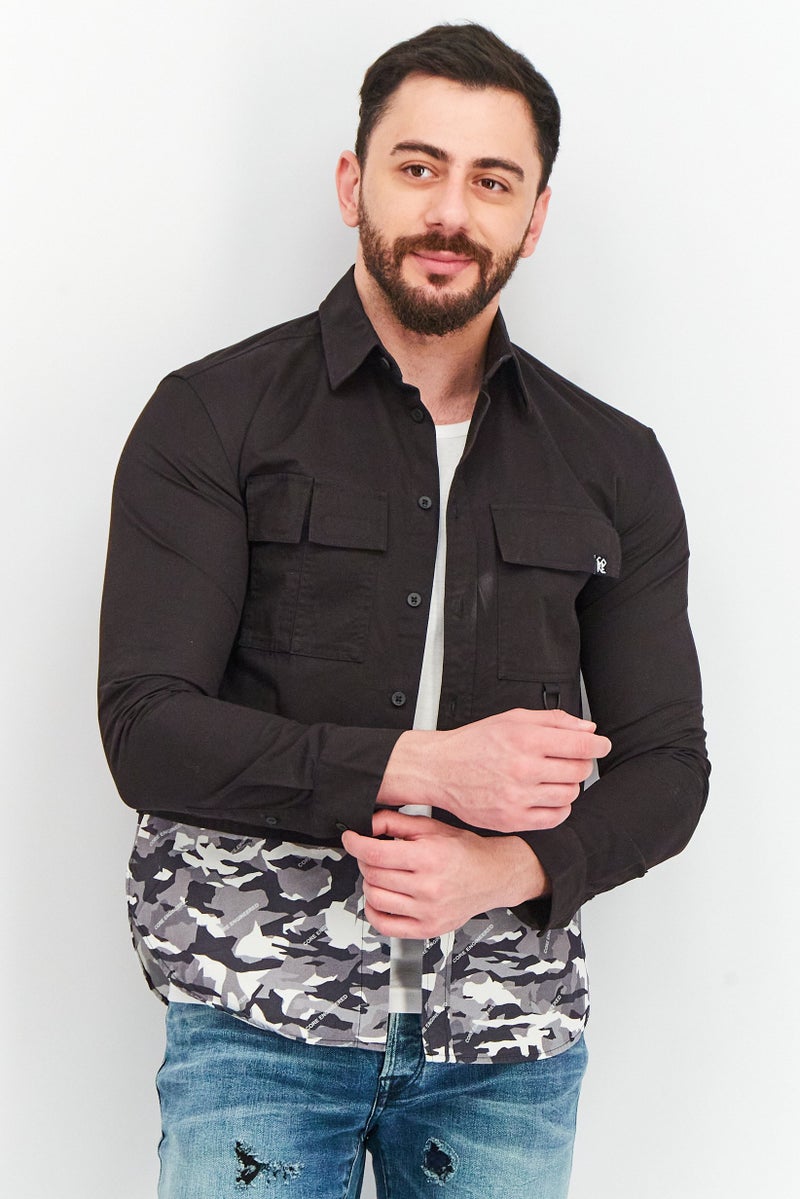 Men Oversized Fit Camouflage Long Sleeves Casual Shirt, Black