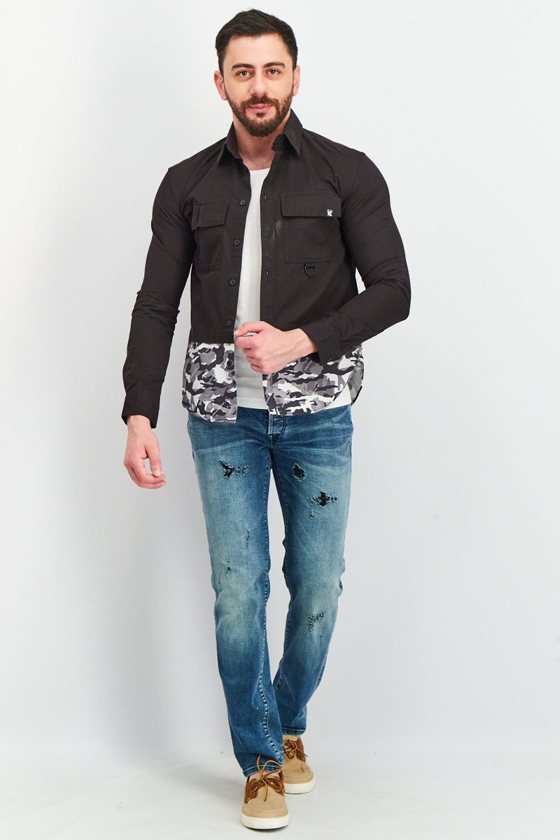 Men Oversized Fit Camouflage Long Sleeves Casual Shirt, Black