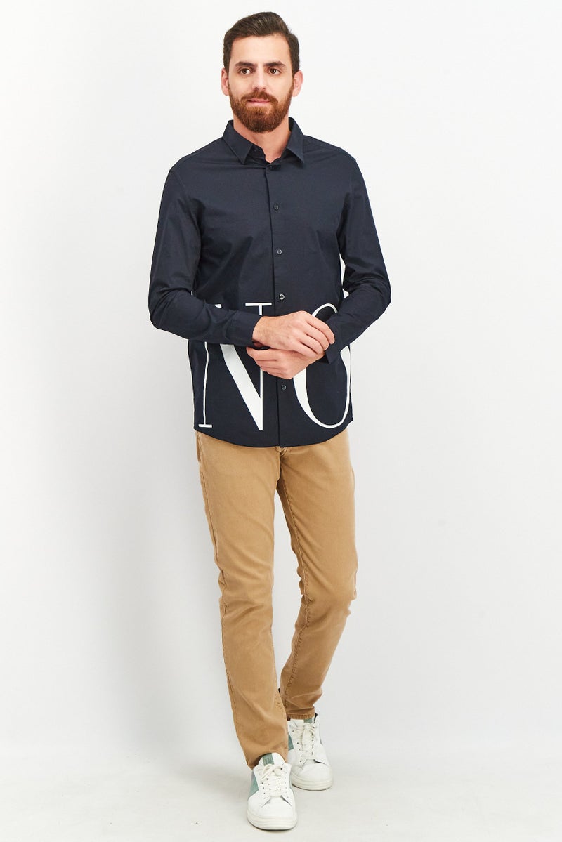 Men Boxy Fit Long Sleeve Graphic Print Casual Shirt, Navy Blue