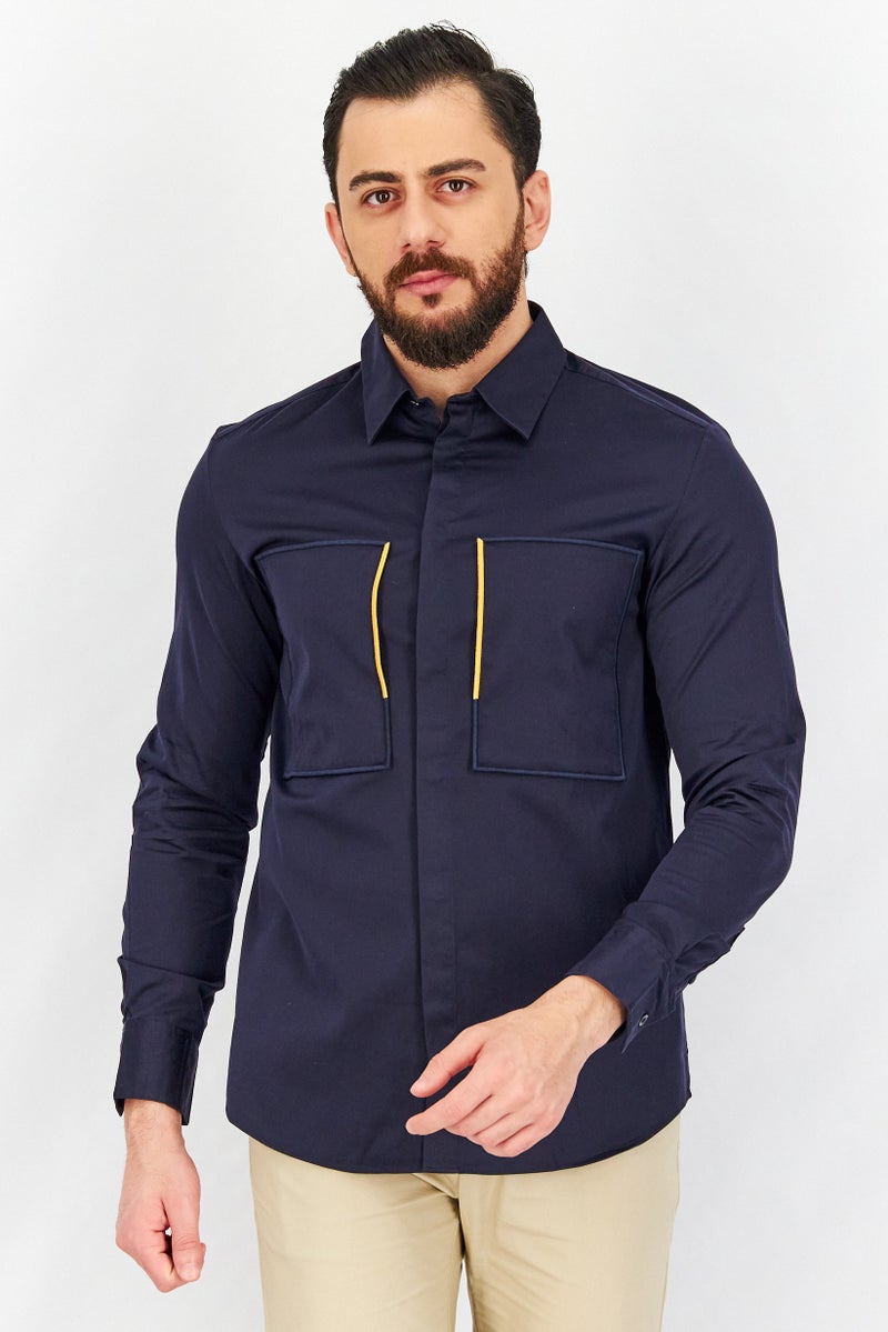 Men Boxy Fit Embroidered Long Sleeves Casual Shirt, Navy