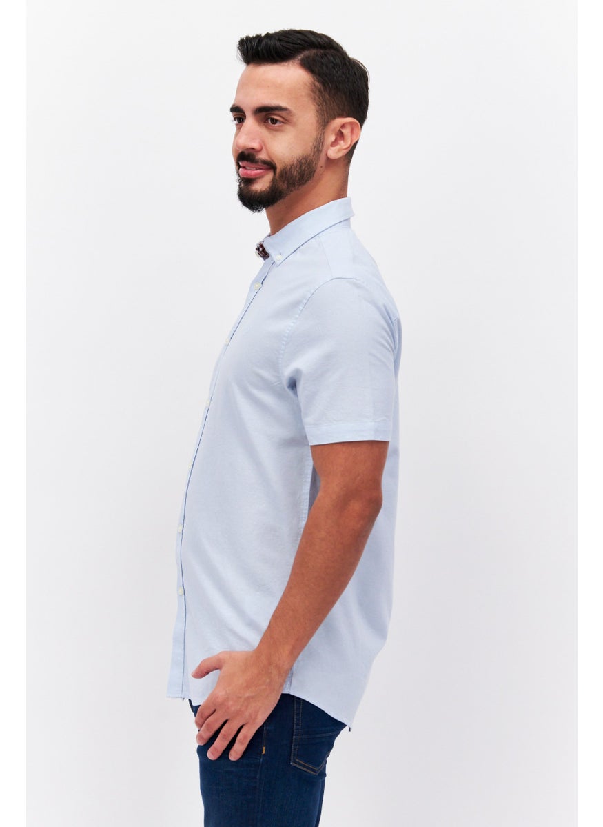 Men Spread Collar Short Sleeves Embroidered Casual Shirts, Sky Blue