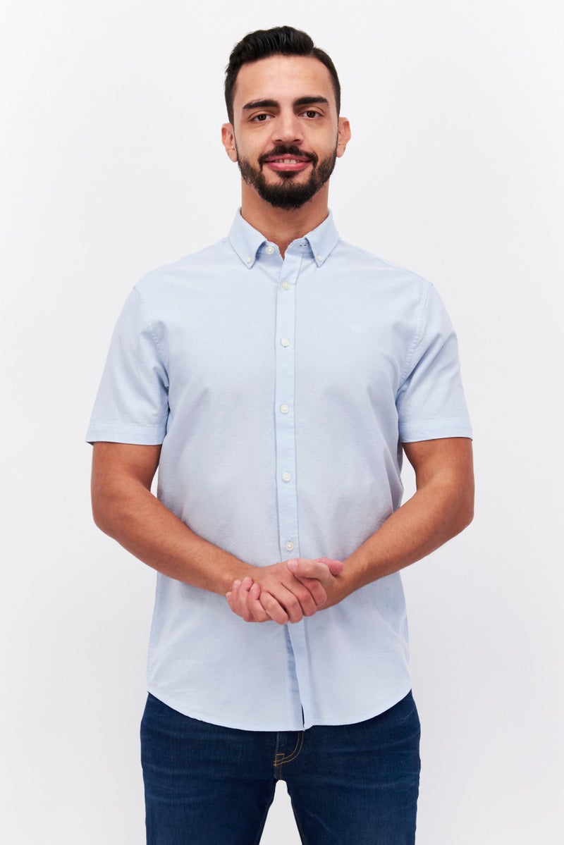 Men Spread Collar Short Sleeves Embroidered Casual Shirts, Sky Blue