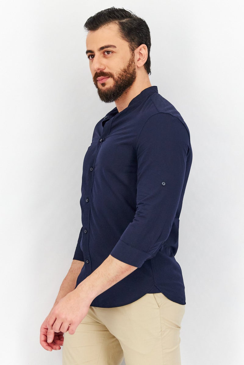 Men Slim Fit Textured 3/4 Sleeves Casual Shirt, Navy