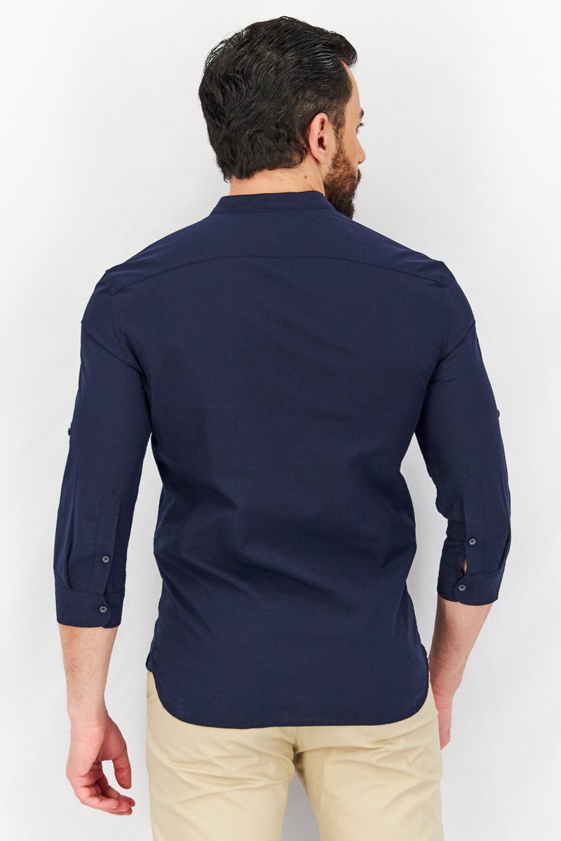 Men Slim Fit Textured 3/4 Sleeves Casual Shirt, Navy