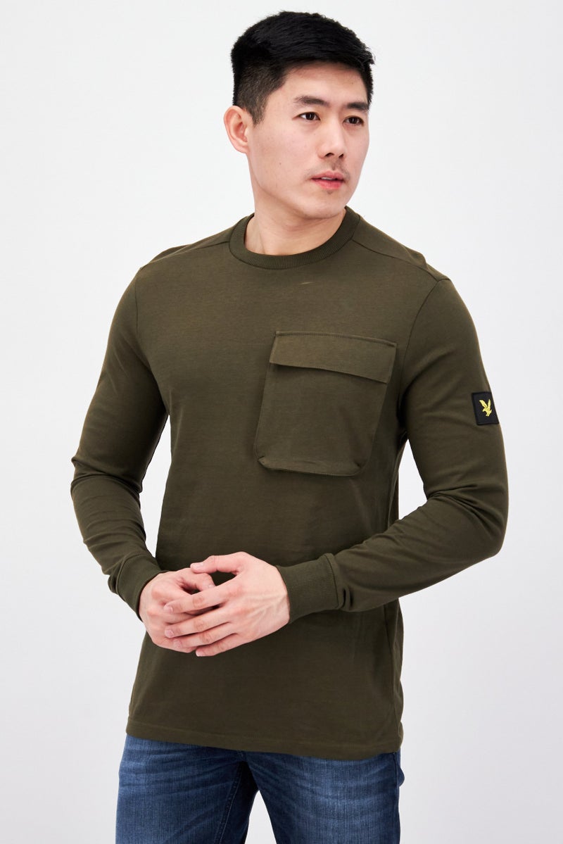 Men Crew Neck Plain Long Sleeve Sweatshirt, Olive