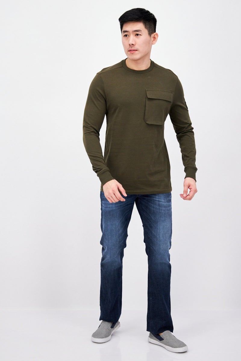 Men Crew Neck Plain Long Sleeve Sweatshirt, Olive