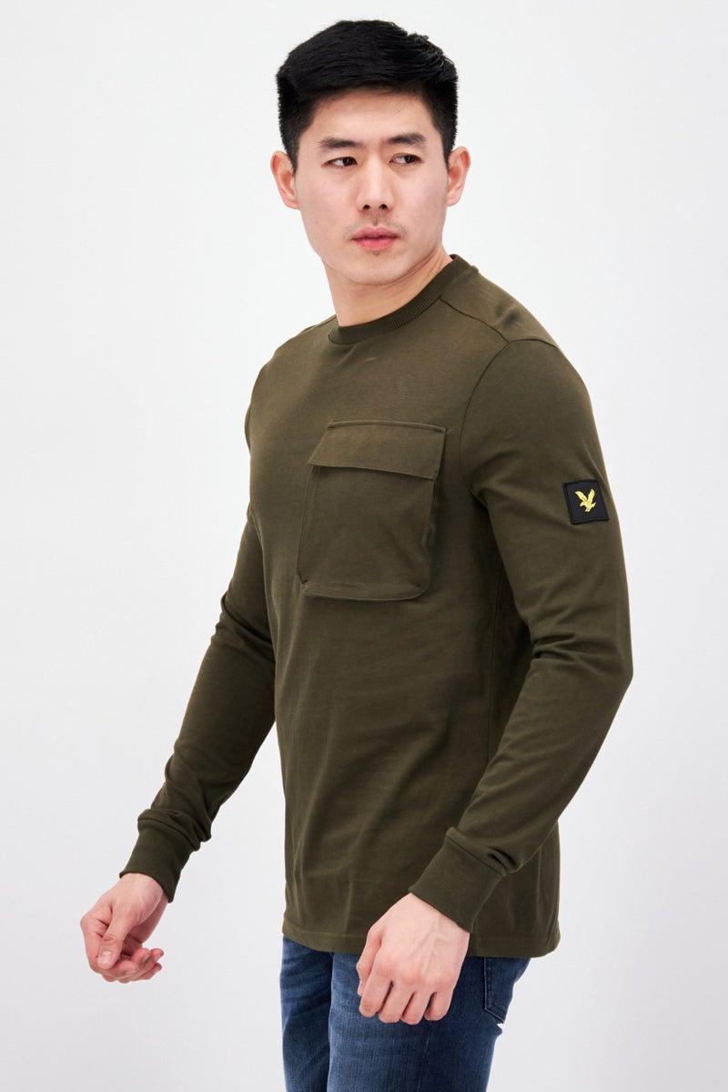 Men Crew Neck Plain Long Sleeve Sweatshirt, Olive