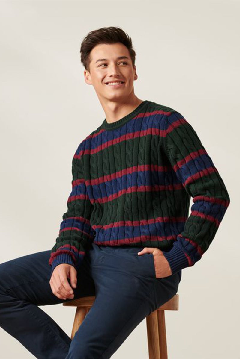 Men Crew Neck Long Sleeves Stripe Sweater, Green Combo