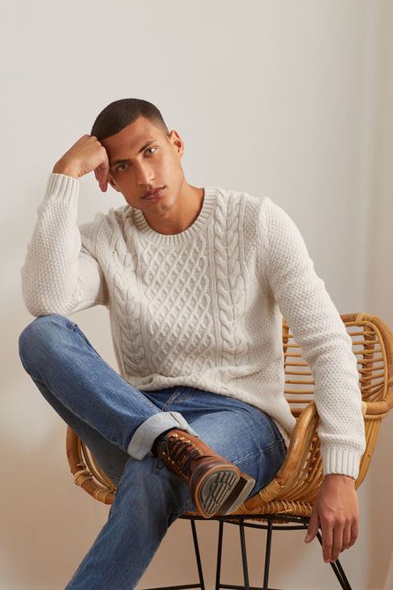 Men Crew Neck Knitted Pullover Sweater, Beige