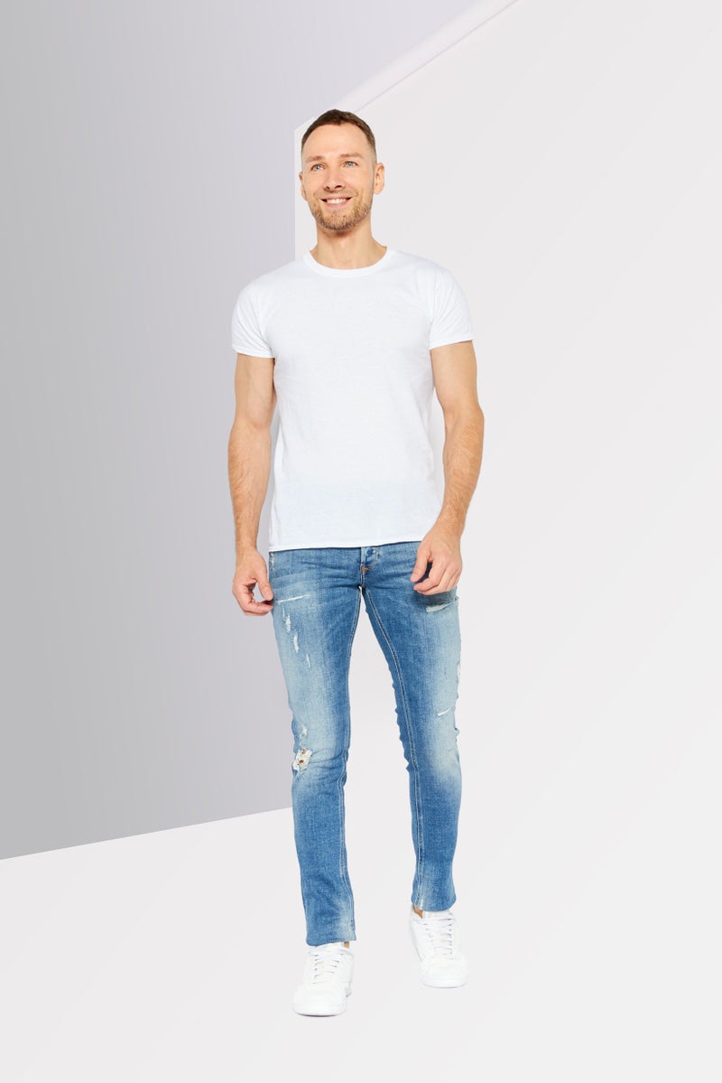 Men Skinny Fit Stretchable Denim Jeans, Washed Blue