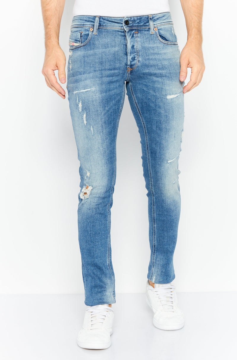 Men Skinny Fit Stretchable Denim Jeans, Washed Blue