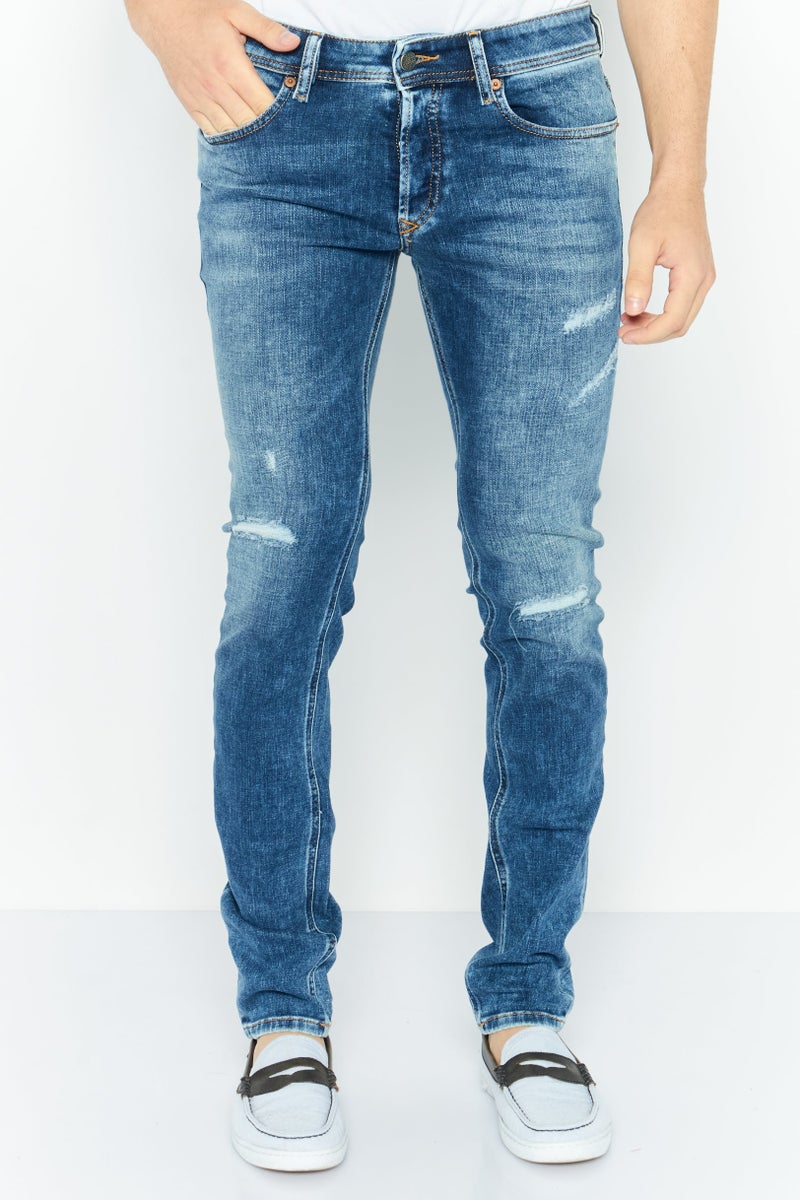 Men Skinny Fit Wash Non Stretchable Denim, Navy