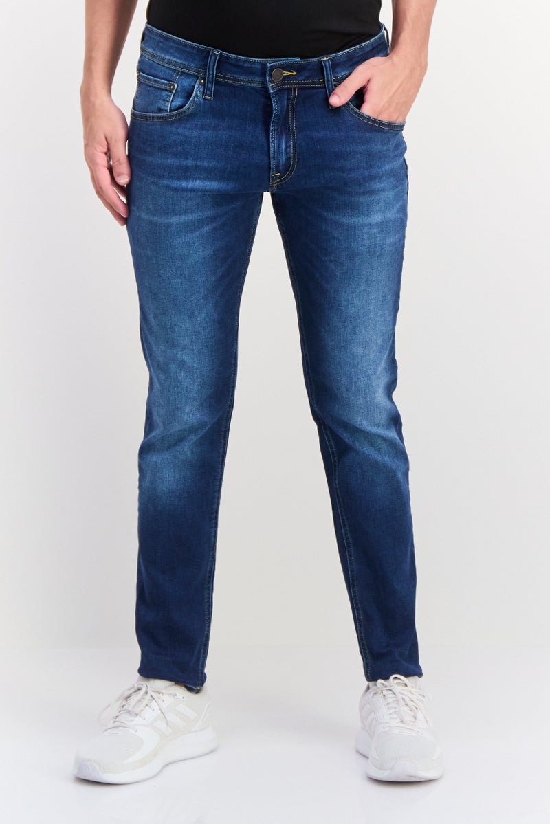 Men Skinny Fit Washed Stretchable Denim, Navy Blue