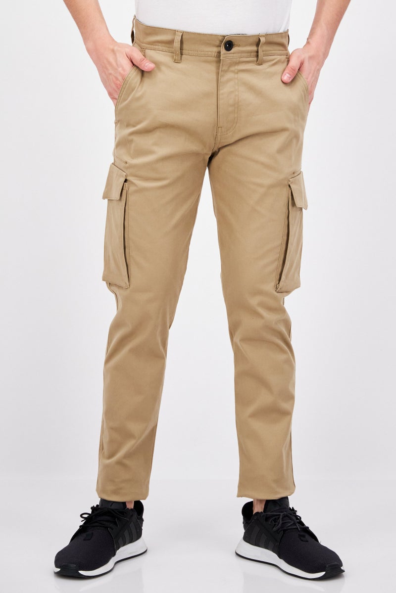 Men Stretch Fit Solid Cargo Pants, Tan