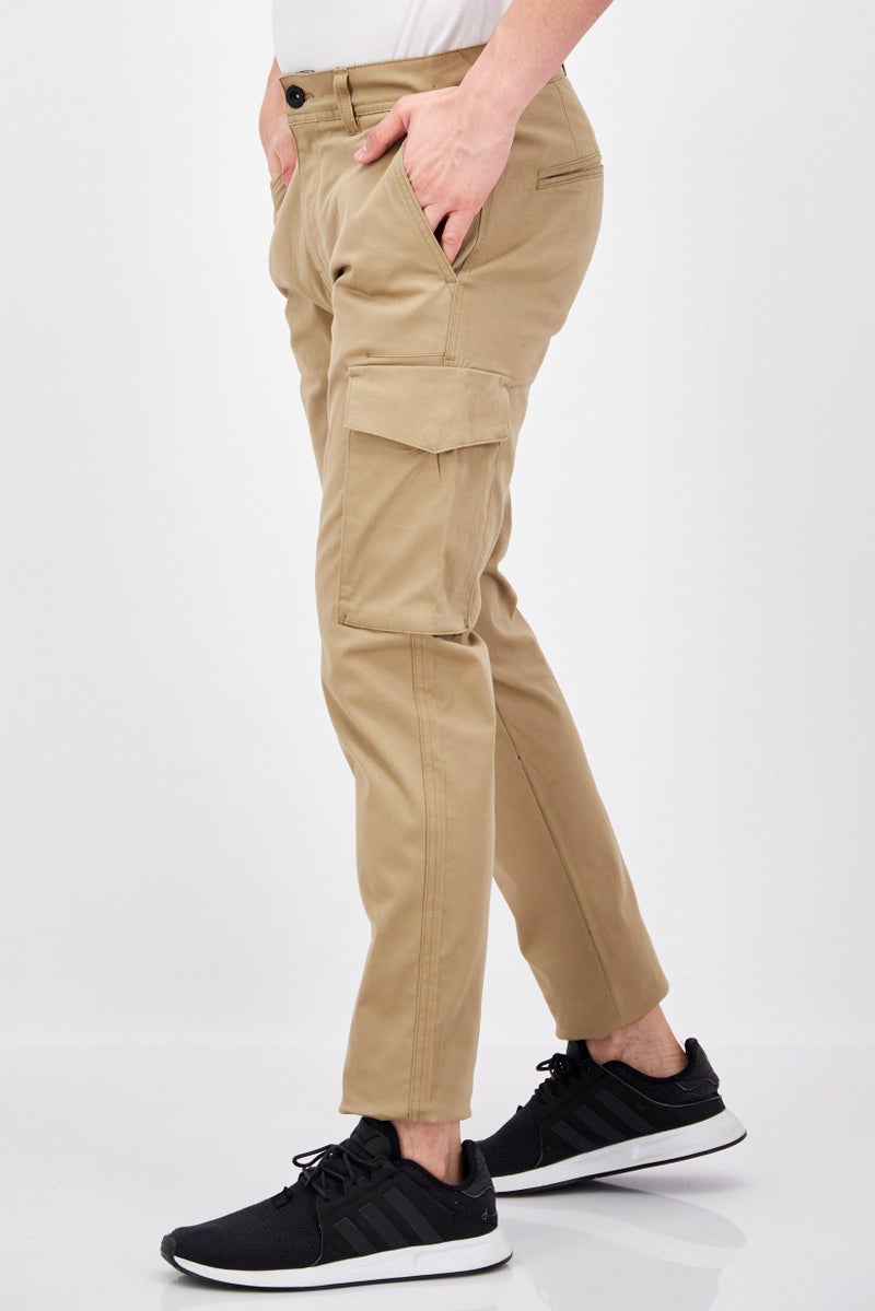 Men Stretch Fit Solid Cargo Pants, Tan