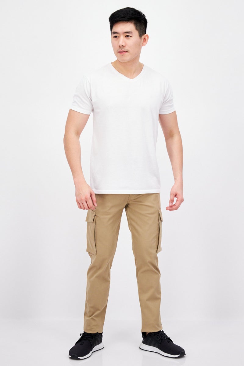 Men Stretch Fit Solid Cargo Pants, Tan