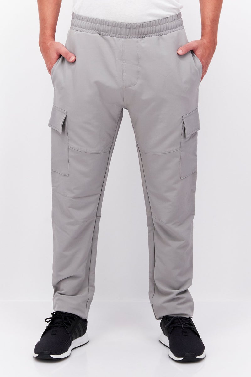 Men Regular Fit Stretchable Plain Cargo Pants, Light Grey