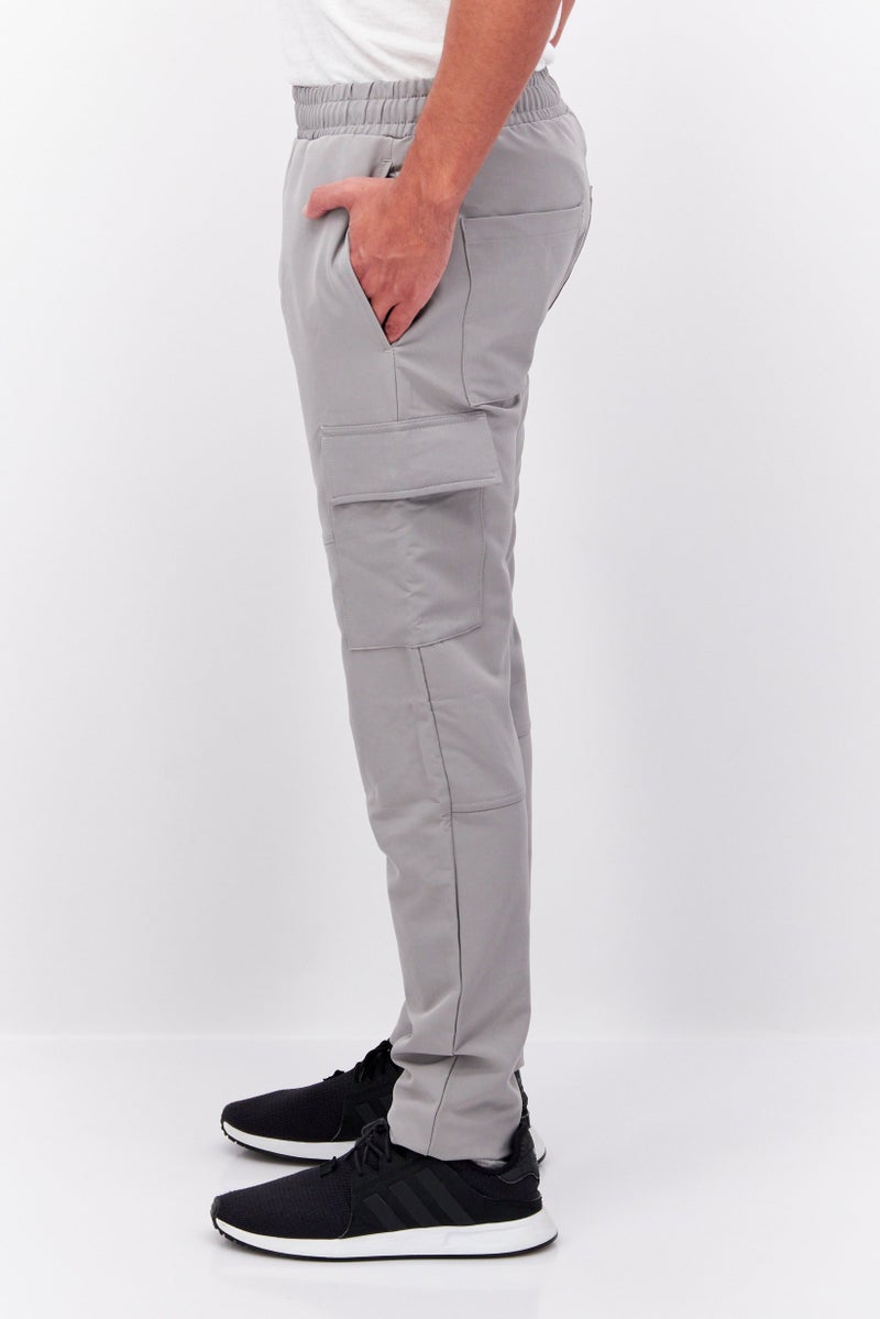 Men Regular Fit Stretchable Plain Cargo Pants, Light Grey