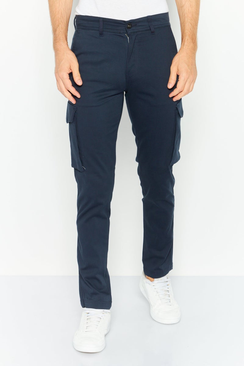 Men Stretch Fit Solid Cargo Pants, Navy Blue