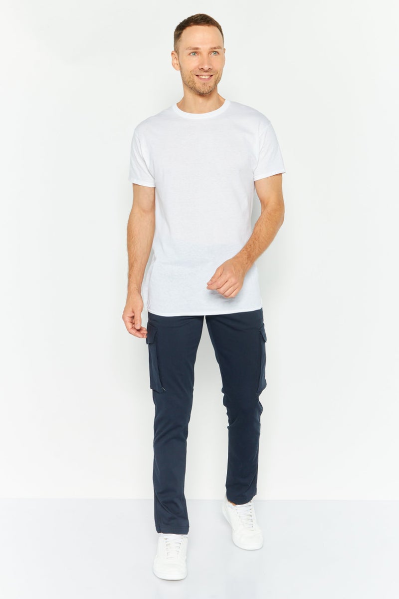 Men Stretch Fit Solid Cargo Pants, Navy Blue
