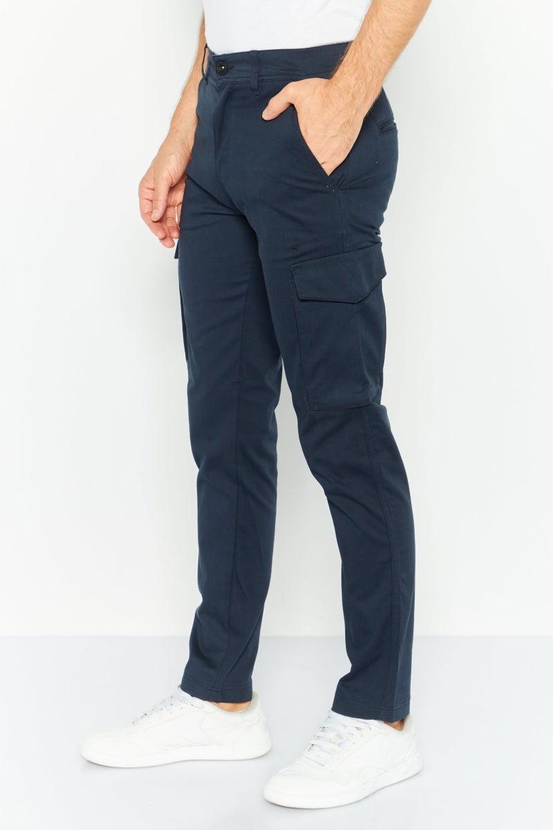 Men Stretch Fit Solid Cargo Pants, Navy Blue