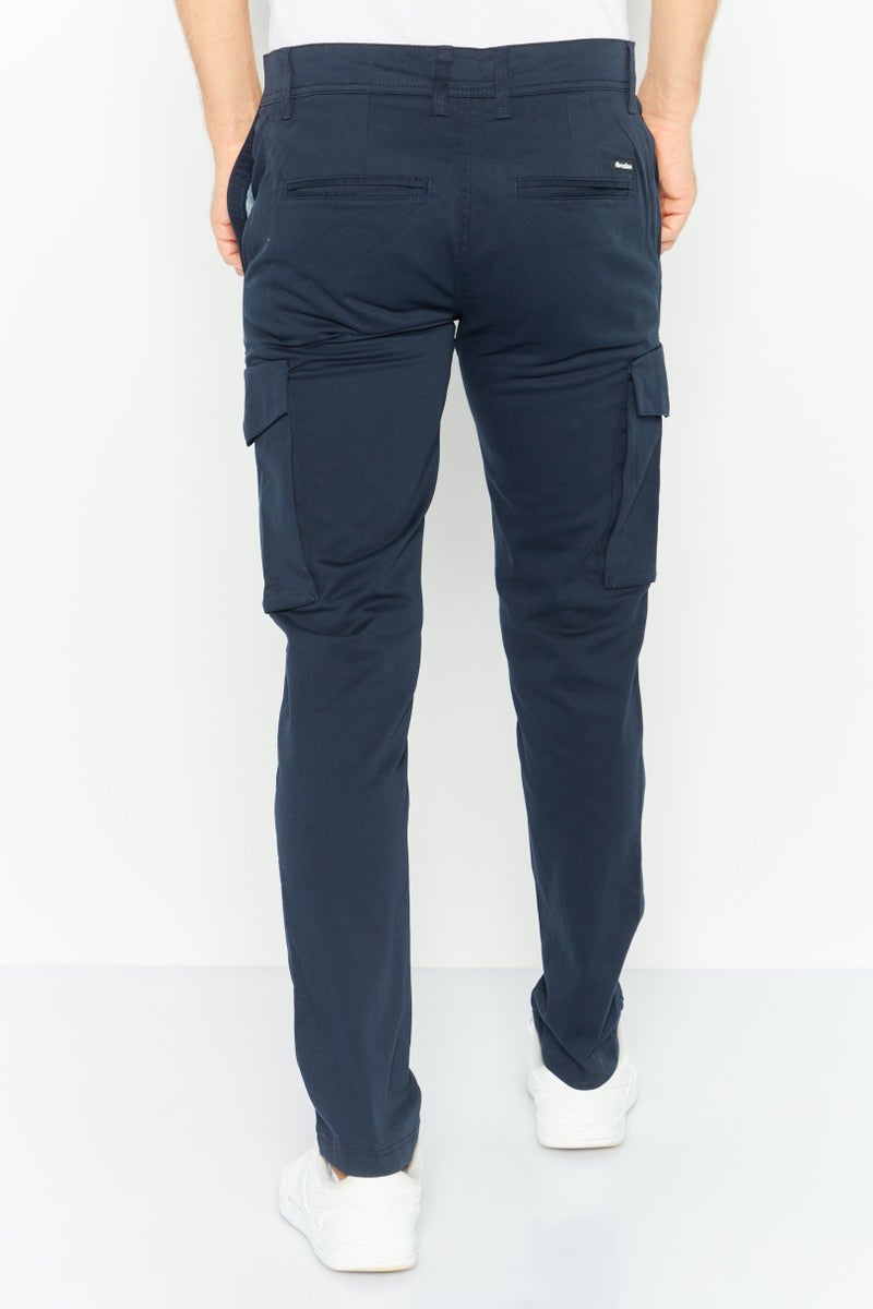 Men Stretch Fit Solid Cargo Pants, Navy Blue
