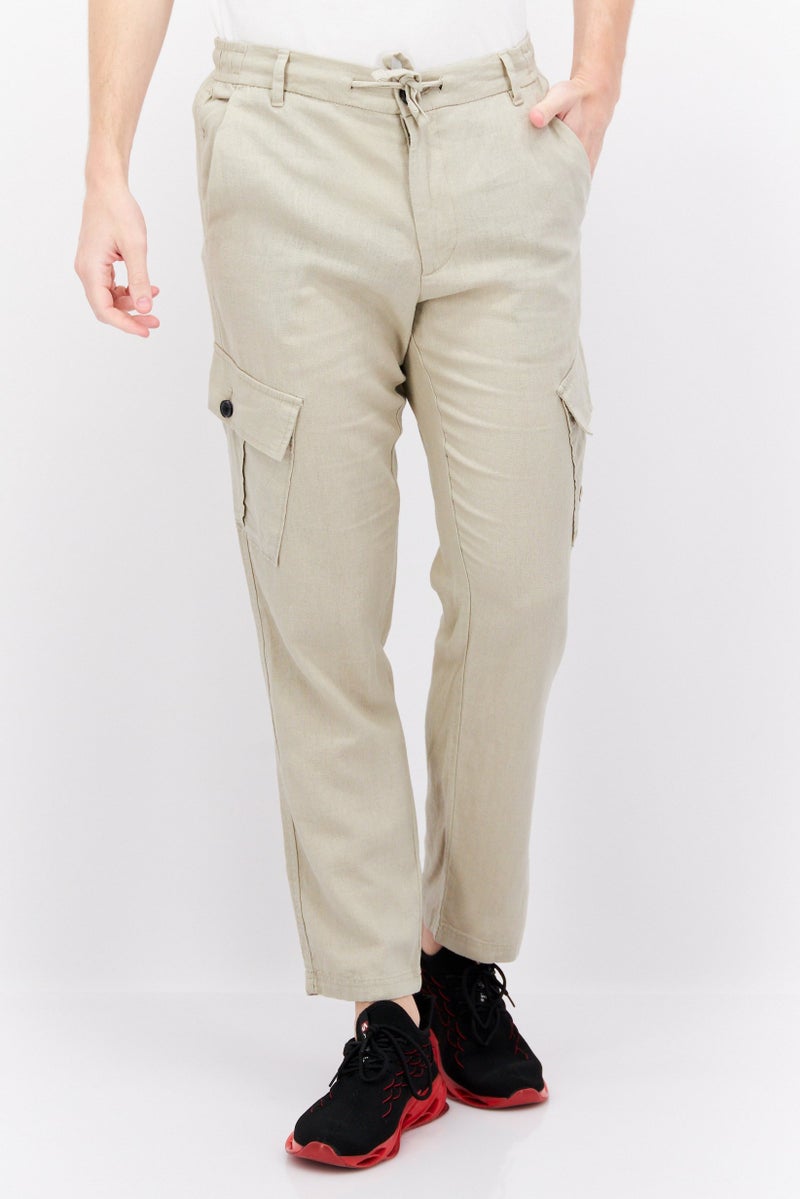 Men Regular Fit Solid Drawstring Pants, Beige