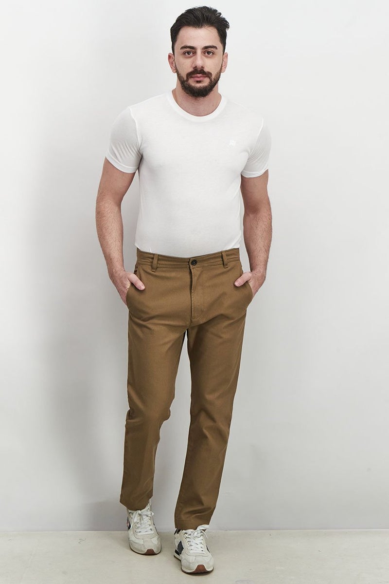 Men Regular Fit Plain Non,Stretchable Chino Pants, Taupe